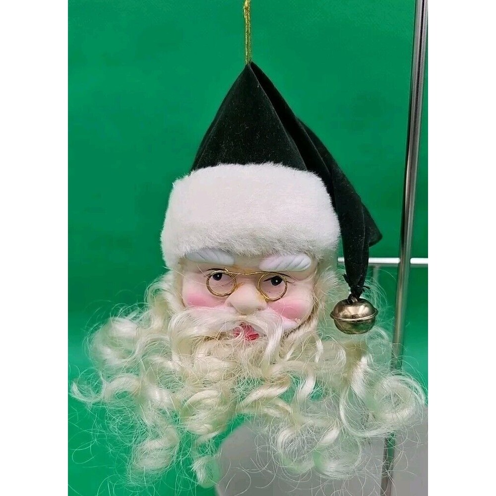 Santa Head Ceramic Face Ornament Curly Beard Glasses & Green Hat Christmas Decor
